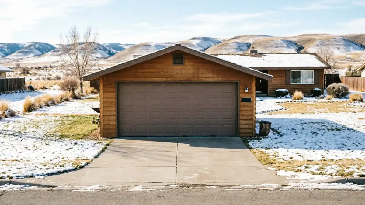 A brown garage door on a wooden house with snow-covered hills in the background.
