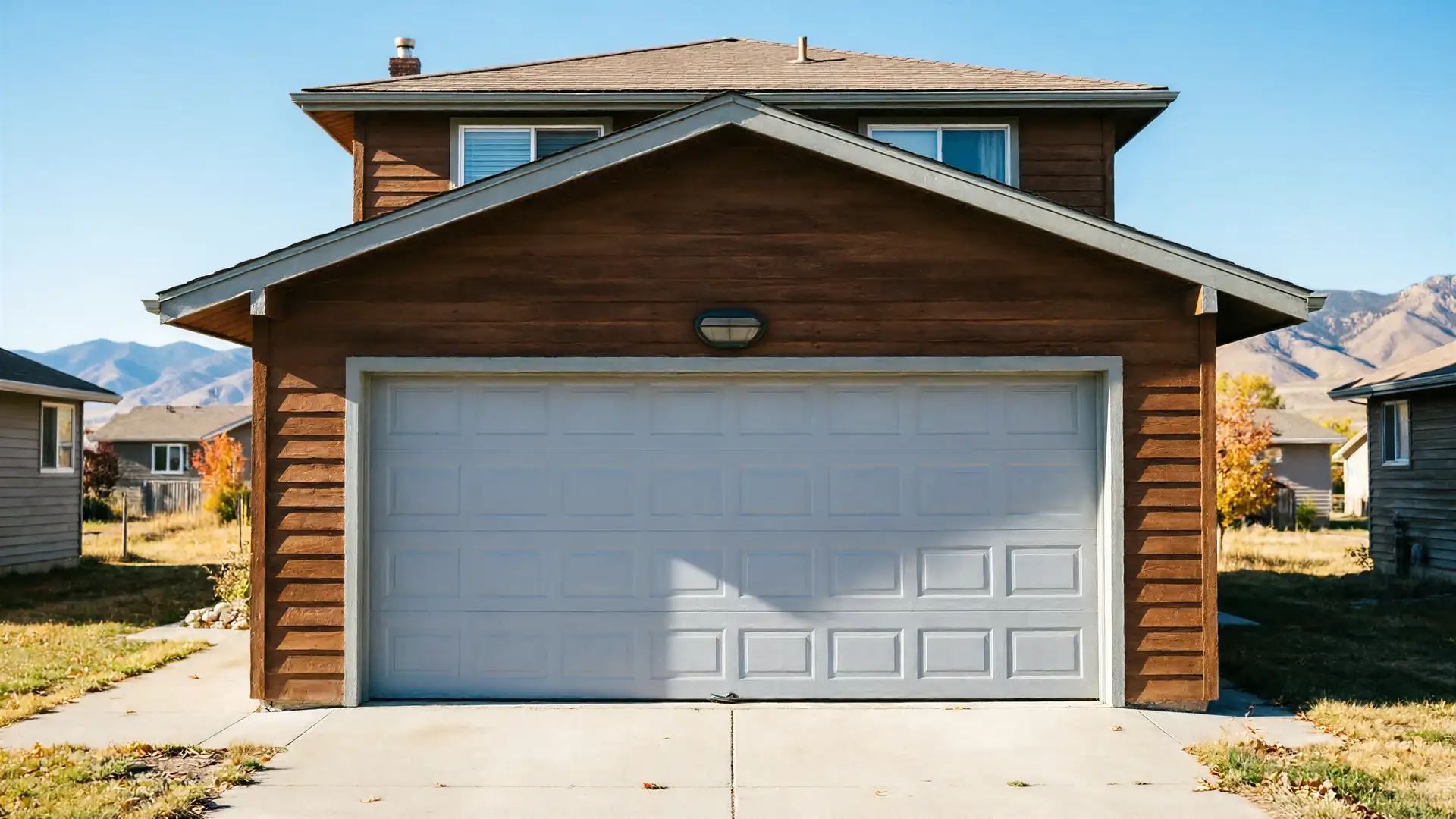 A brown house with a white garage door and a light fixture above it.