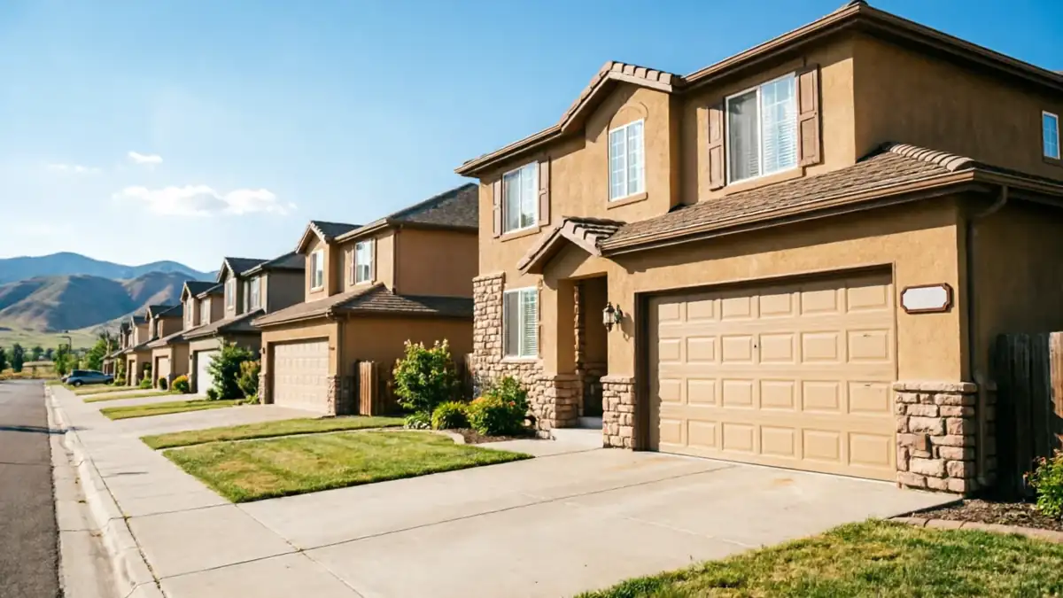 A row of houses with tan garage doors and stucco exteriors lines a street.