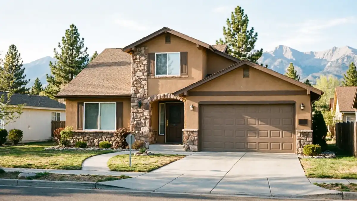 The house has a brown garage door, stucco walls, and stone accents.
