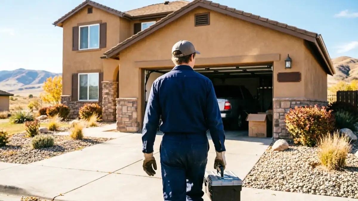 A technician walks toward a house with an open garage door, carrying a toolbox.
