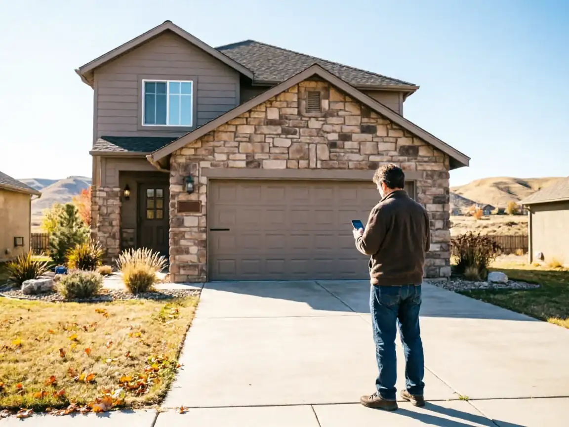 A man stands in a driveway looking at his phone in front of a house.