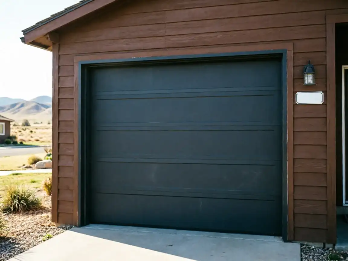 A dark gray garage door is on a brown house with mountains in the background.