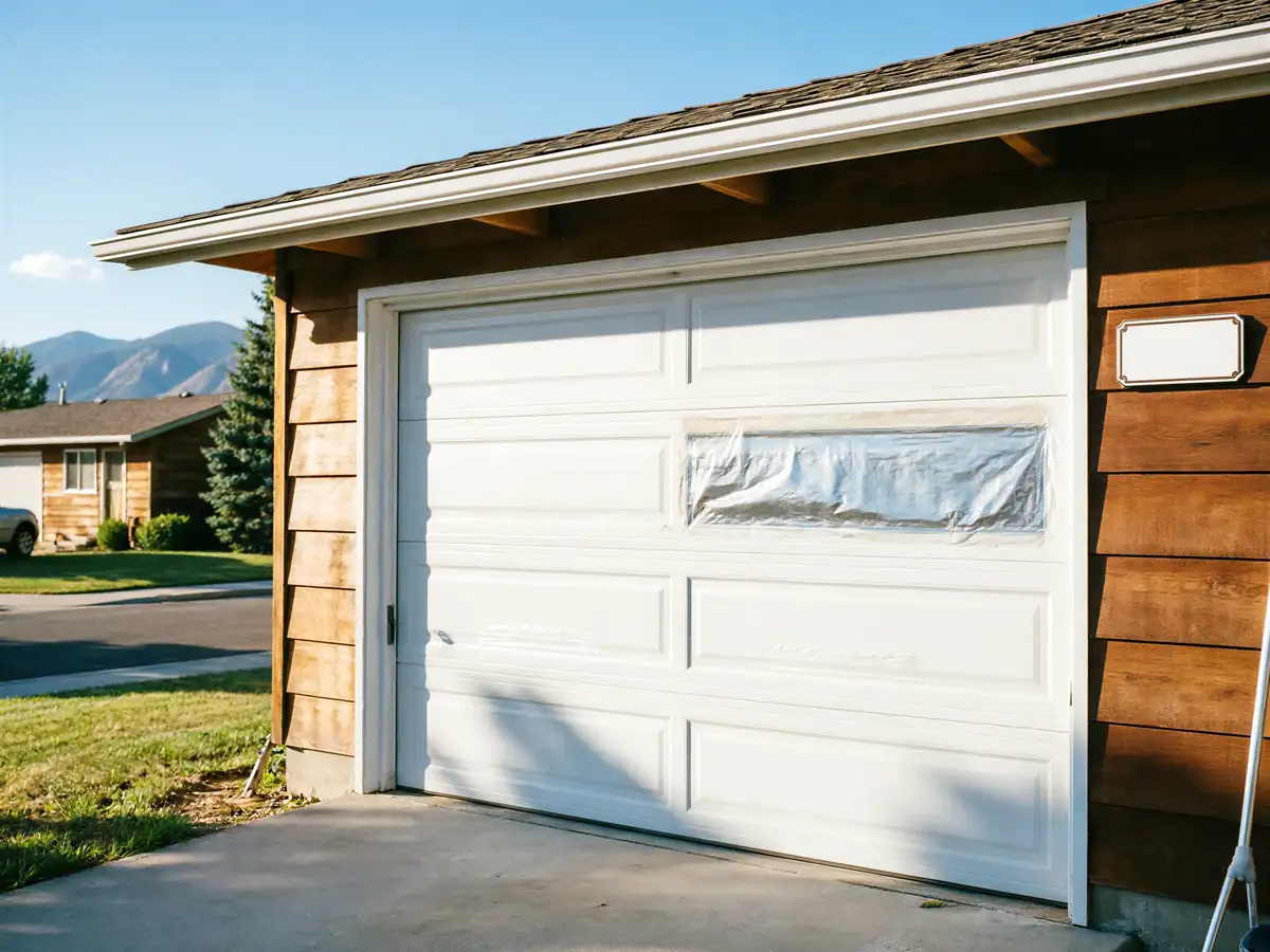 A white garage door with a taped-up window on a brown wooden garage.